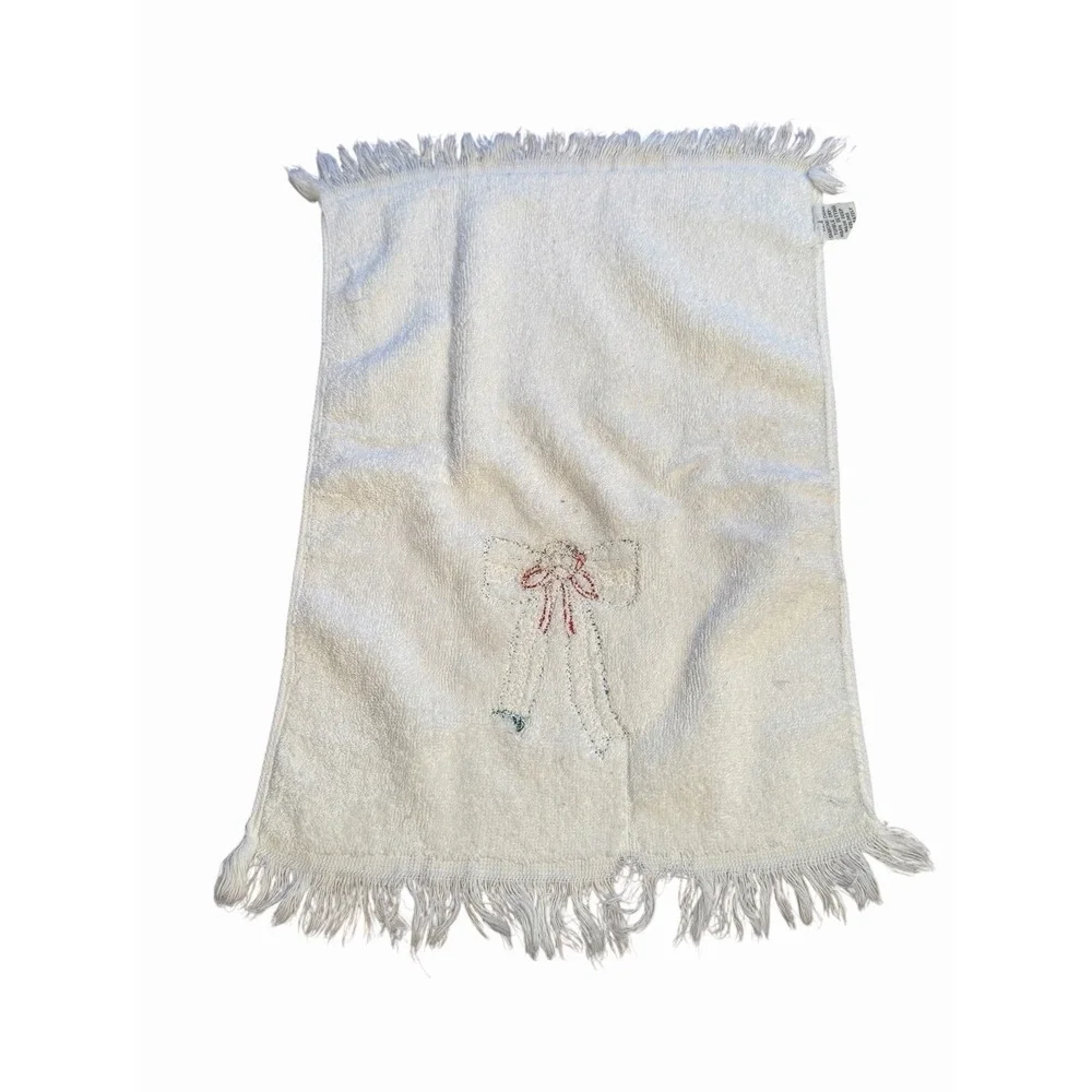 Vintage Franco Christmas Hand Towel White Terry Plaid Bow Fringe Bathroom Decor